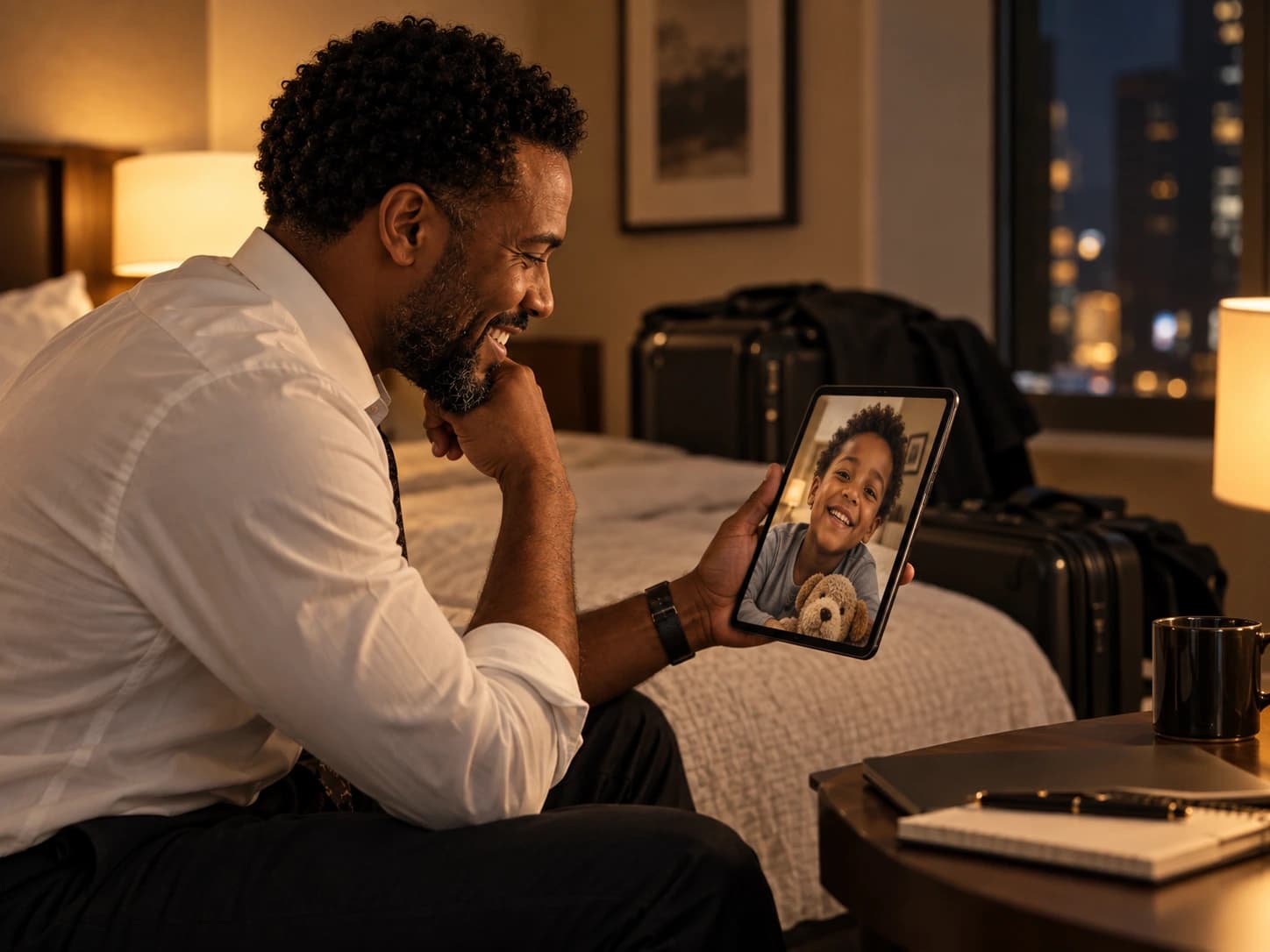 A father in a hotel room at night, suitcase beside him, holding up a tablet with his smiling son on the screen.