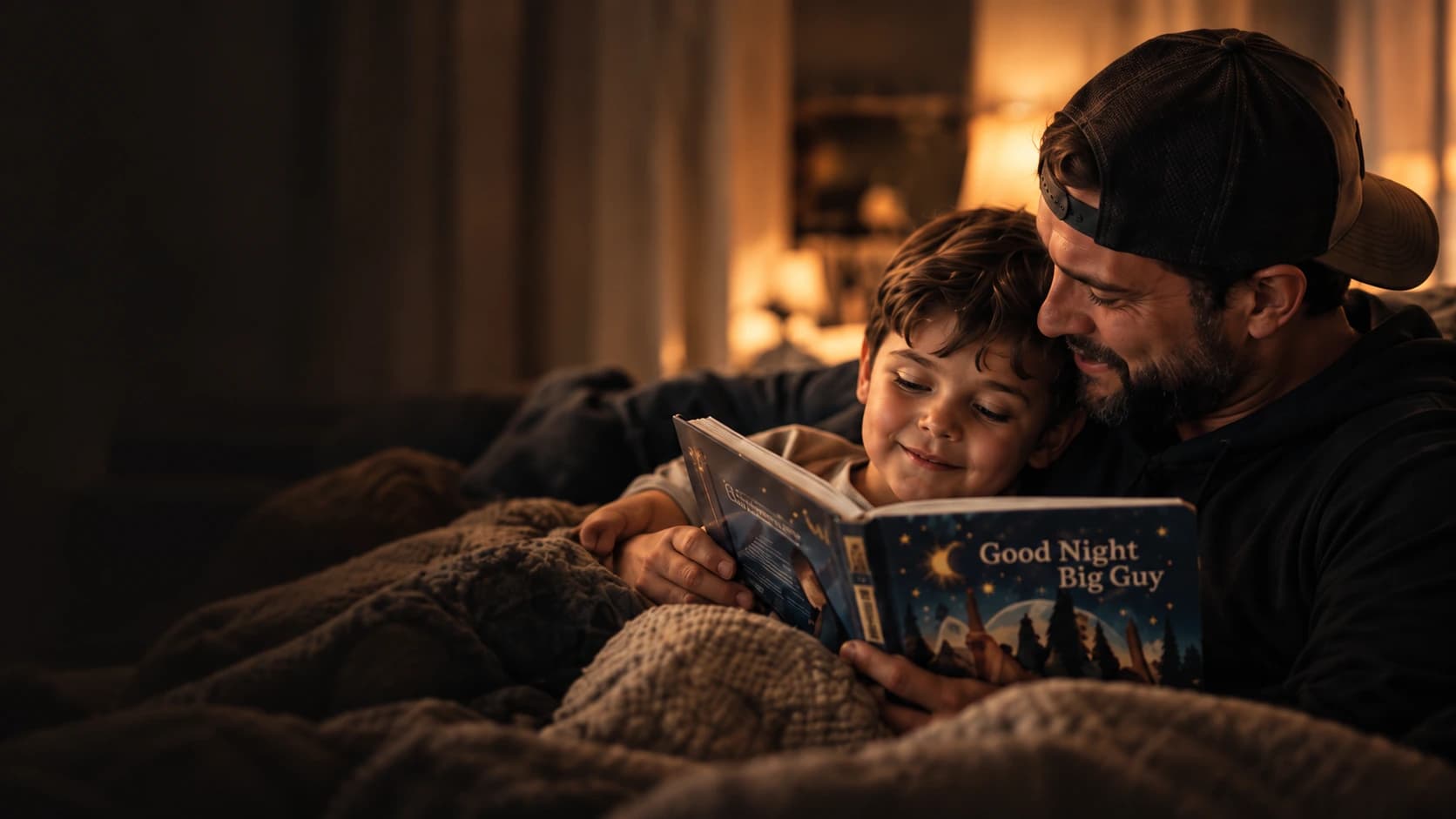 A father in a backwards black cap reading a bedtime story with his young son nestled beside him in warm lamplight.