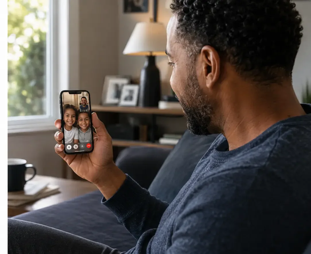 A father on a video call with his two children, phone in hand.